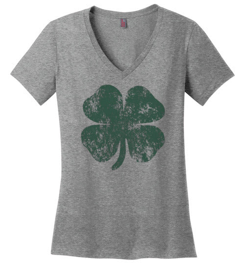 Distressed Shamrock St Patricks Day V-Neck T-Shirt for Women and Teen Girls
