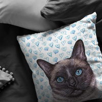 Siamese Cat Throw Pillow with Blue Hearts | Gift for Cat Lover Mothers Day Idea for Cat Mom Grandma | Siamese Cat Decor