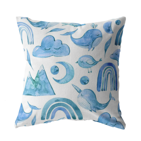 Blue Boho Dreams Pillow Cover Narwhal Bird Moon Cloud Whale Rainbow Mountain
