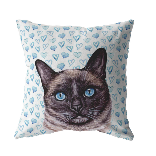 Siamese Cat Throw Pillow with Blue Hearts | Gift for Cat Lover Mothers Day Idea for Cat Mom Grandma | Siamese Cat Decor