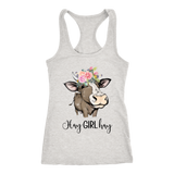 Hay Girl Hay Cow Tank Top | Funny Racerback Tanks for Women | Country Girl Cow Lover Gift Boho Floral Cow Birthday Present Mothers Day Ideas