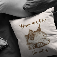 Home Is Where the Cat Is Pillow Cover | Birthday or Mothers Day Idea Gift for Cat Lover | Beige Brown Tan Home Decor for Couch or Bed