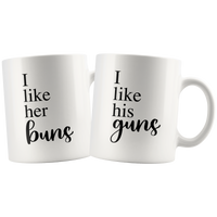 I Like Her Buns I Like His Guns Matching Mug Set | Hers and Hers Gift | Funny Couple Mugs for Husband Wife Girlfriend Boyfriend