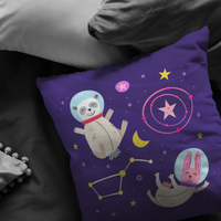 Panda and Bunny in Space Pillow Cover | Space Theme Baby Shower Gift | Kids Boy Girl Astronaut Animal Room Decor